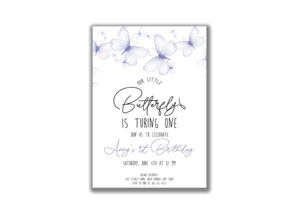 Preview of Purple Butterfly 1st Birthday Invitation in JPEG and PSD formats, ready for personalization and celebration.