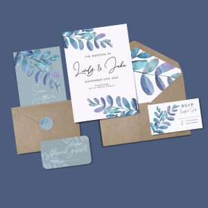 Teal and Purple Watercolor Leaves Wedding Stationery Set