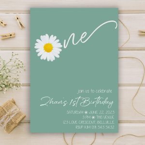 Preview of Daisy First Birthday Invitation in JPEG and PSD formats, ready for customization and celebration.