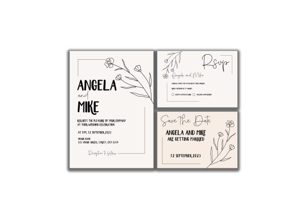 Modern Wedding Invitation Suite with Cream Color and Flower Line Art