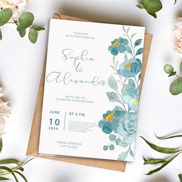 Modern Turquoise Floral Wedding Invitation Digital Download