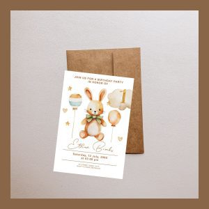 Beige Watercolor Rabbit 1st Birthday Invitation