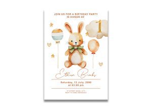 Beige Watercolor Rabbit 1st Birthday Invitation